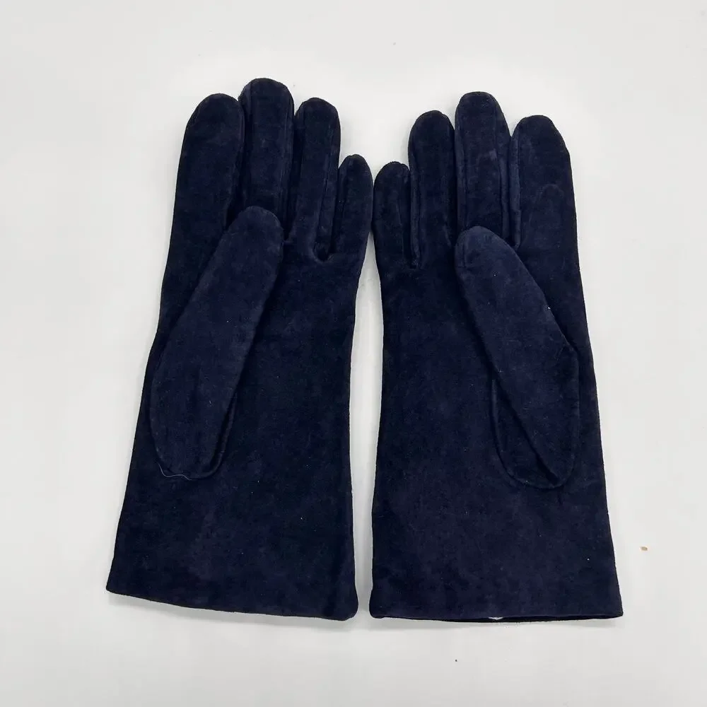 Vintage Suede Leather Gloves Navy Blue Hanes Classic Women's Winter Accessories